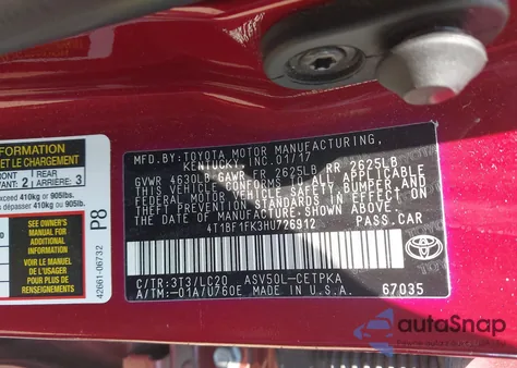 2017 Toyota Camry Xse from USA, damaged, VIN 4T1BF1FK3HU726912